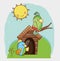 Cute animals, green and blue parrots in branch cartoon