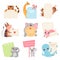 Cute Animals Holding Empty Banners Set, Funny Cartoon Tiger, Giraffe, Owlets, Cow, Elephant, Piglet, Koala Bear, Mouse