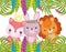 Cute animals, little cartoon lion rabbit and fox foliage