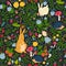 Cute animals on magic forest seamless pattern. Rabbit and hedgehog vector illustrations for baby