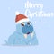 Cute animals. Merry Christmas card. Cartoon walrus with Santa hat. Arctic wild sea mammal. Funny portrait. Winter