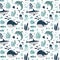 Cute animals of the ocean, marine mammals, dolphin and whale, seamless pattern, cartoon vector illustration