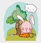 Cute animals, pink rabbit with carrot tree grass cartoon