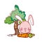Cute animals, pink rabbit with carrot tree grass cartoon