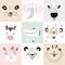 Cute animals posters. Funny safari fauna faces, cartoon square kids cards with wildlife characters, zebra and crocodile