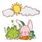 Cute animals, rabbit with carrot bushes grass sun cartoon