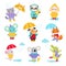 Cute Animals in Rainy Day Walking with Umbrella Vector Set