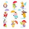 Cute Animals in Rainy Day Walking with Umbrella Vector Set