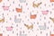 Cute animals seamless pattern. Hand drawn dog, cat, bunny, pig cartoon character childrens illustration. Different pets in forest