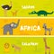 Cute animals set Ostrich Fennec fox crocodile elephant zebra lion hyena giraffe, kids background African animals, Africa Sahara Ka