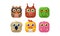 Cute animals set, square app icons, assets for GUI, web design, owl, lynx, crocodile, dog, chicken, pig vector