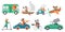 Cute animals in speed transport set, cartoon funny zoo characters travel in boat car bus