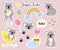 Cute animals stickers. Fauna labels, cute fluffy little bears, koalas characters, kids weather elements, rainbow and sun