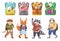 Cute animals students and bags collection, colorful vector banner with schoolchildren characters