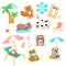 Cute animals taking rest on beach vector icon set