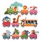 Cute animals train. Playful children zoo, trains with cute cartoon giraffe tiger lion. Kid birthday characters, funny