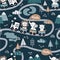 Cute animals on train seamless pattern. Happy elephant, tigr and lion on locomotive