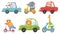 Cute animals on transport. Animal on scooter, driving car and zoo travel cartoon vector illustration set