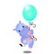 Cute animated baby hippo flies on a balloon isolated on white background. Sample of poster, party holiday invitation