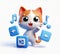 Cute animated cat, surrounded by blue icons and music notes, on a white background