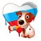 Cute animated dog brush painted the heart of the colors of the Russian flag tricolor isolated on white background