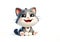 Cute animated kitten with big eyes and striped tail, showing a playful expression on white back ground