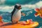 A cute animated penguin stands on a surfboard amidst calm tropical waters, surrounded by colorful frangipani flowers