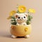 Cute Anime Aesthetic Figurine Dog In Flower Pot - Hyper-detailed Octane Render