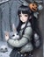 A cute anime girl with a funny bunny in a winter forest with snow covered, scary pumpkin, anime art, halloween scene, wallpaper