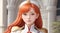 Cute Anime Girl Honor Guard White Uniform With Red Hair, AI Generative Illustration Digital Art