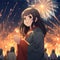 cute anime girl in korean style with fireworks behind generative ai