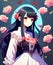 Cute anime girl long hair roses flowers romantic fantasy character illustration