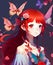 Cute anime girl with red long hair flowers romantic fantasy character illustration