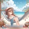 A cute anime girl sleeping on a hanging hammock, casual cloths, white sandy beach, blue sea, flying birds, anime art