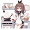 A cute anime girl was cooking at a small kitchen, anime style, design, art