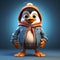 Cute Anime-inspired 3d Penguin Model In Blue Hooded Jacket