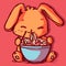 Cute anime rabbit eating noodles from a bowl using japanese chopsticks.