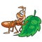 Cute ant character happily holding a green leaf in its paws, cartoon illustration, isolated object on a white background, vector