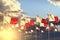 Cute anthem day flag 3d illustration - many Malta flags on sunset placed in row with soft focus and space for text