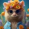 Cute anthropomorphic style animal surrounded by beautiful floral in dreamy scene.