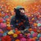Cute anthropomorphic style monkey surrounded by beautiful floral in dreamy scene.