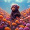 Cute anthropomorphic style monkey surrounded by beautiful floral in dreamy scene.