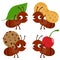 Cute ants carrying food. Bug insect characters in the garden collect seeds and fruit. Vector illustration