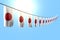 Cute any feast flag 3d illustration - many Japan flags or banners hanging diagonal on string on blue sky background with bokeh