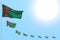 Cute any feast flag 3d illustration - many Turkmenistan flags placed diagonal with bokeh and empty place for your content