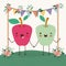 Cute apples couple in landscape kawaii character