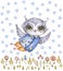 Cute aquarelle owl and wildflowers, childish style