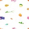 Cute aquarium fishes, seamless pattern design. Endless tropical exotic sea background. Funny water animals, repeating