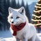 Cute Arctic fox in a scarf near Christmas tree