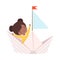 Cute Arican American Girl Sailing on a Paper Boat with Red Flag Vector Illustration